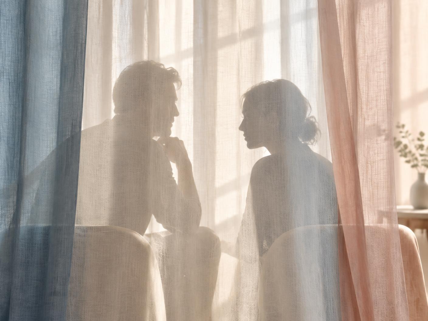 Dialogo intimo e rispettoso rappresentato attraverso luce e tende leggere